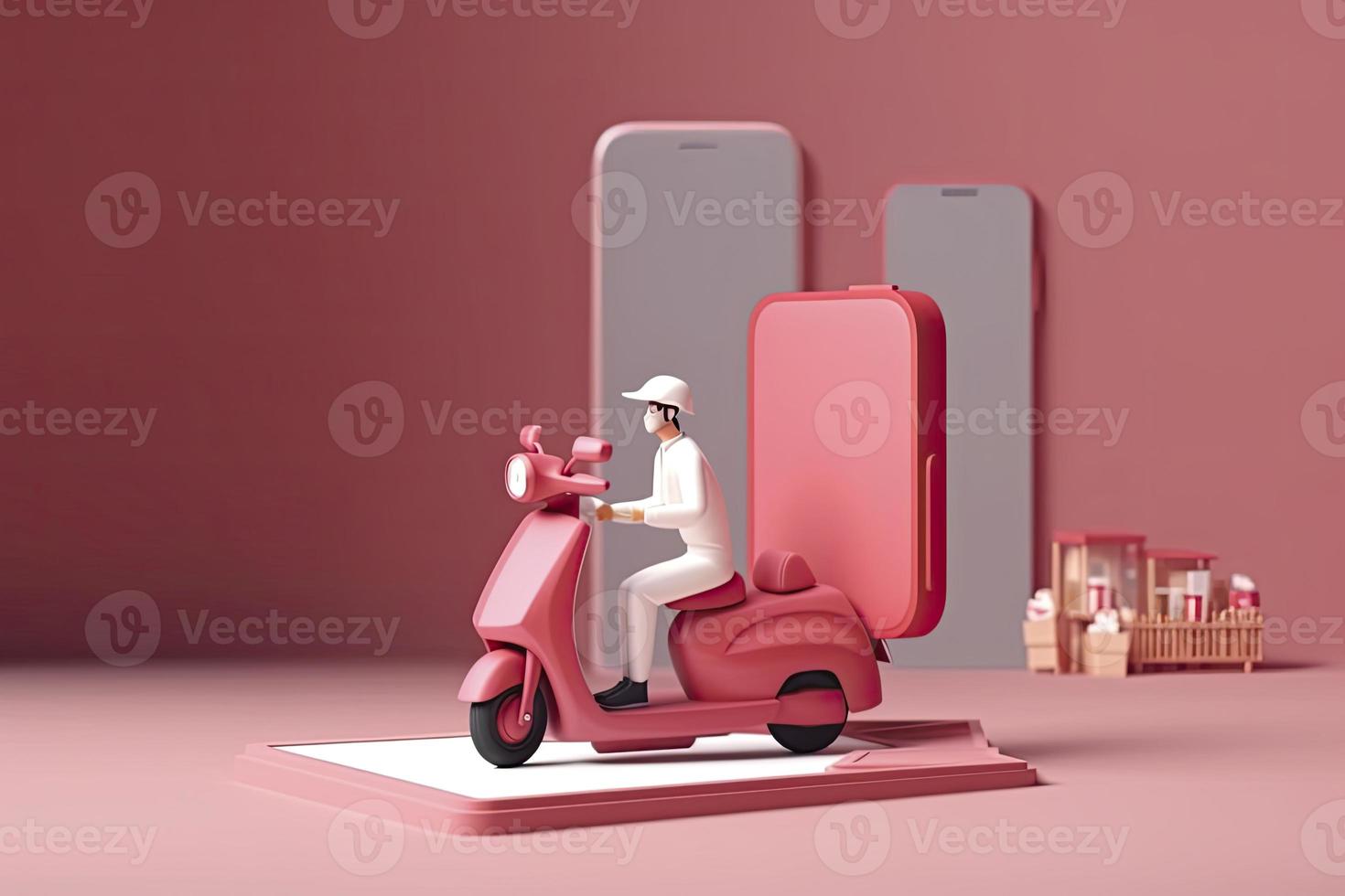 Delivery man driving scooter in logistic food service with smartphone app program. 3d Rendering photo