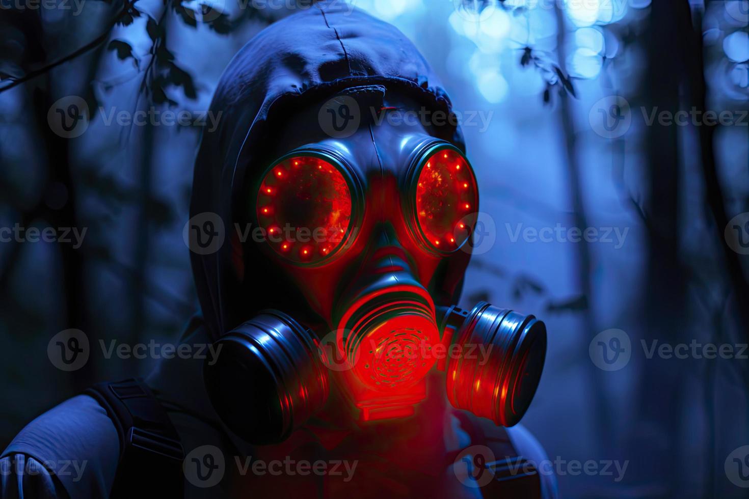 blue and red illuminated person with a gas mask photo