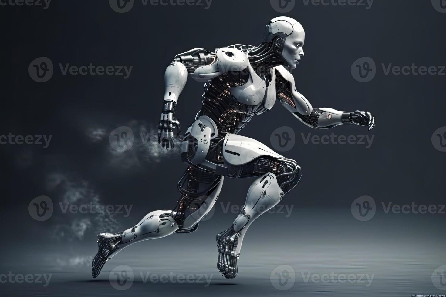 Cyborg running fast, artificial intelligence robot, future technology, humanoid machine photo