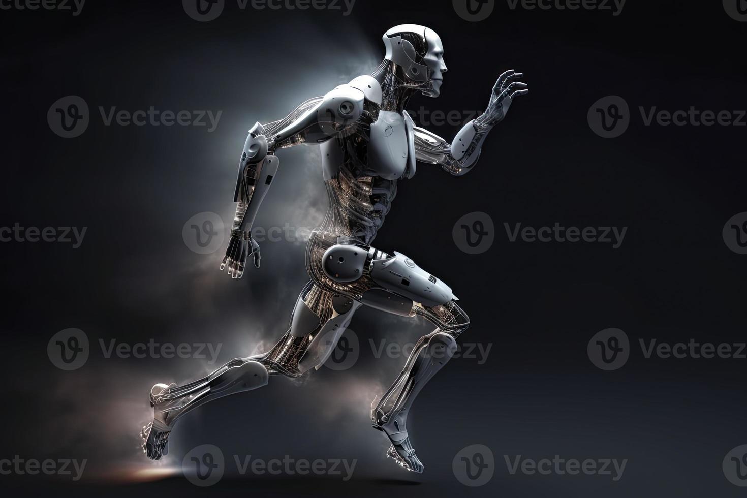 Cyborg running fast, artificial intelligence robot, future technology, humanoid machine photo