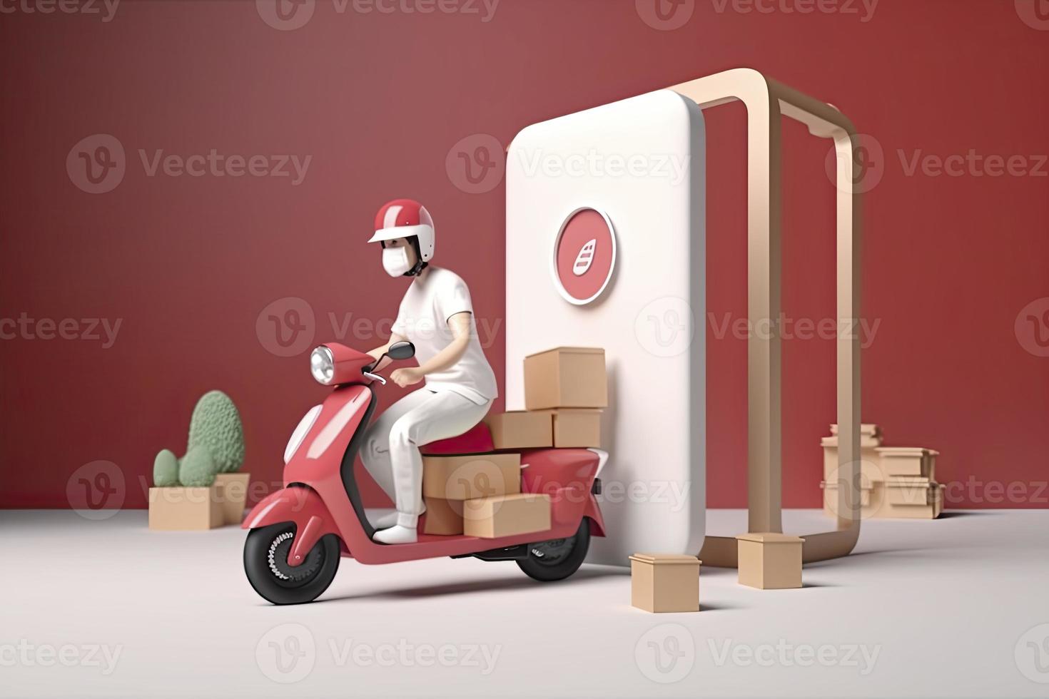 Delivery man driving scooter in logistic food service with smartphone app program. 3d Rendering photo