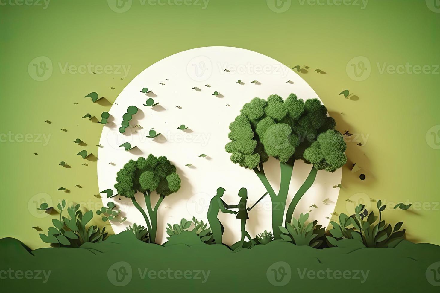 Arbor day banner. Paper cut illustration of two adult silhouettes planting a small tree in nature for greener the world environment photo