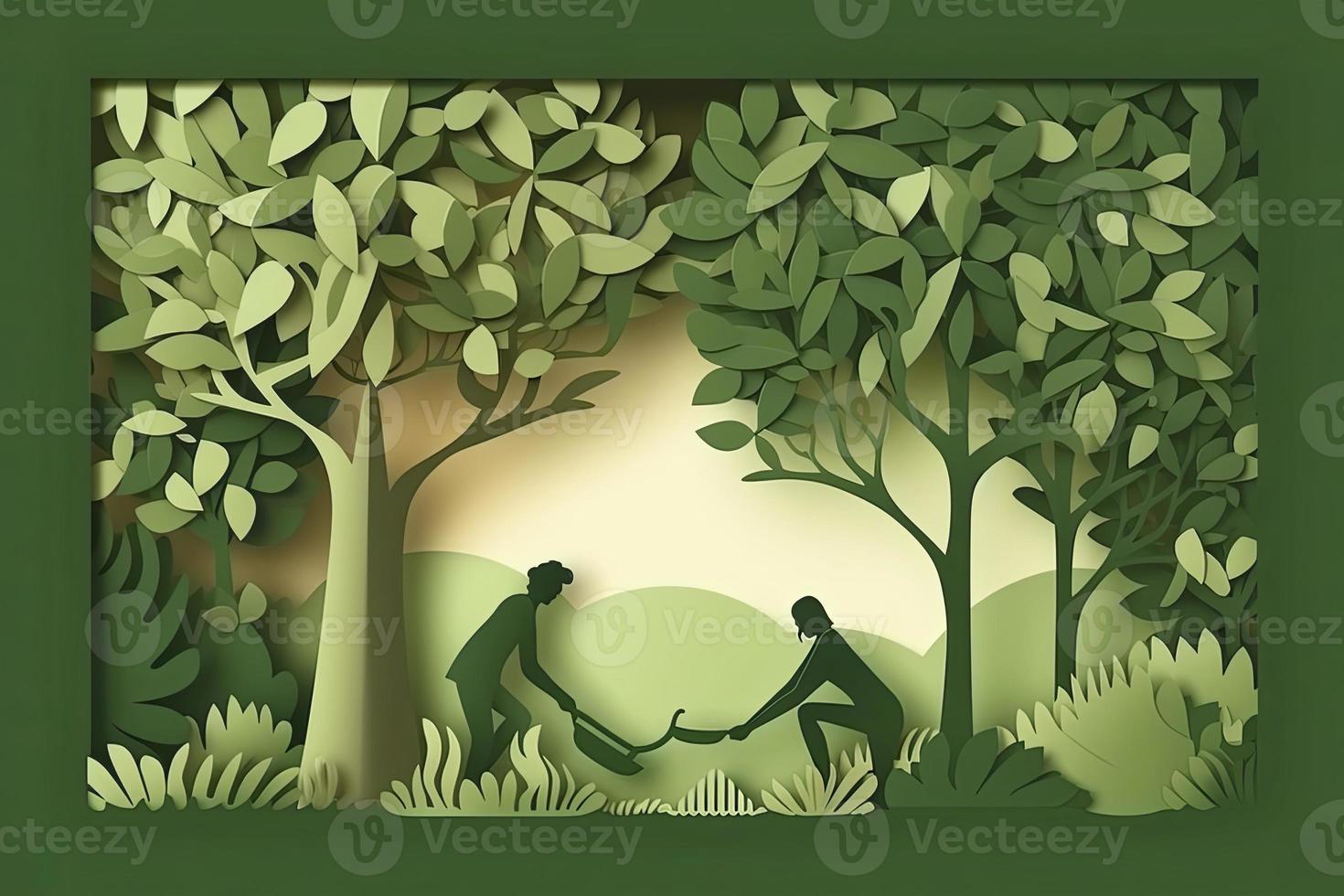 Arbor day banner. Paper cut illustration of two adult silhouettes planting a small tree in nature for greener the world environment photo