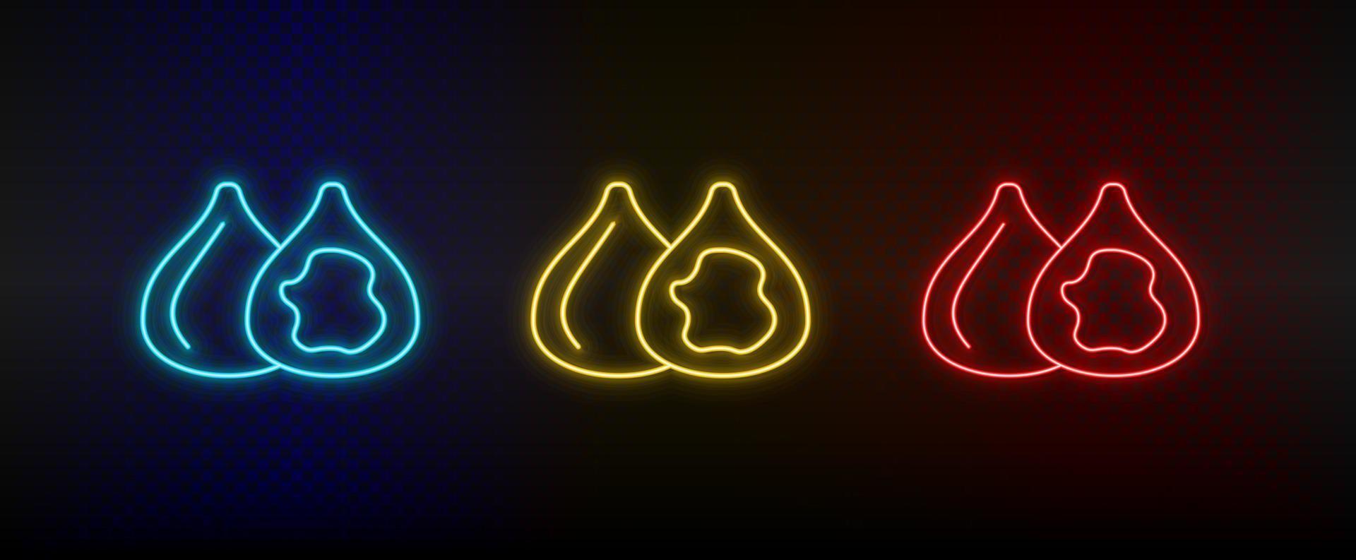 Neon icon set figs, food, fruit. Set of red, blue, yellow neon vector icon on dark background