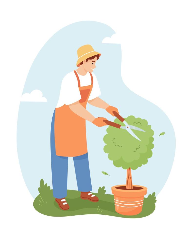 Gardening man cutting bush in the garden. Spring gardening concept. Vector flat illustration.