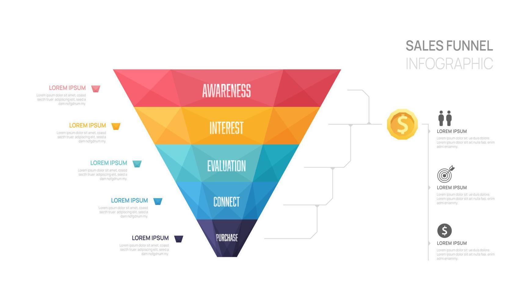 Infographic Sales funnel diagram template for business. geometric Timeline 5 step level, digital marketing data, presentation vector infographics.