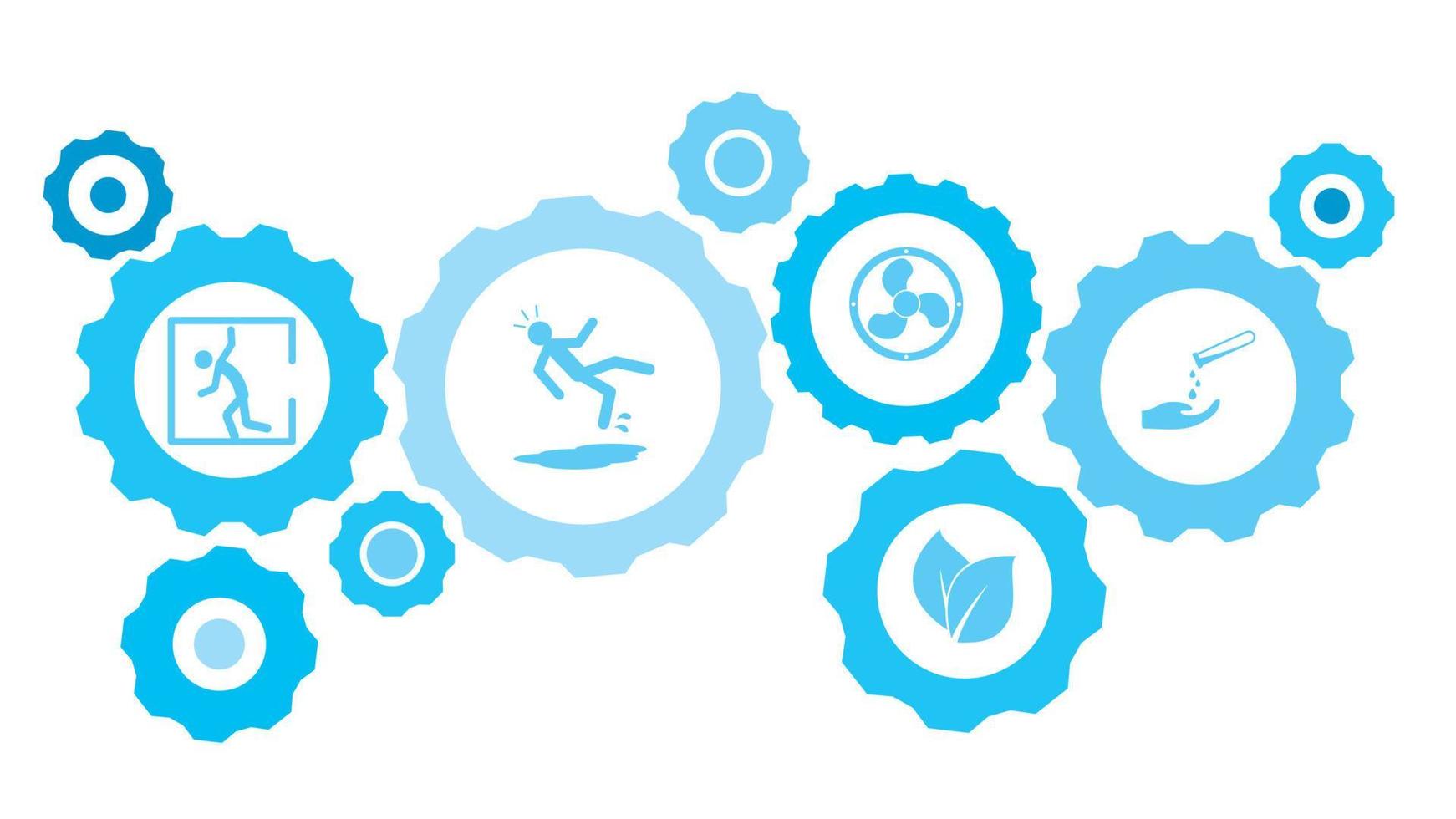 Connected gears and vector icons for logistic, service, shipping, distribution, transport, market, communicate concepts. workers, repair gear blue icon set icon on dark background