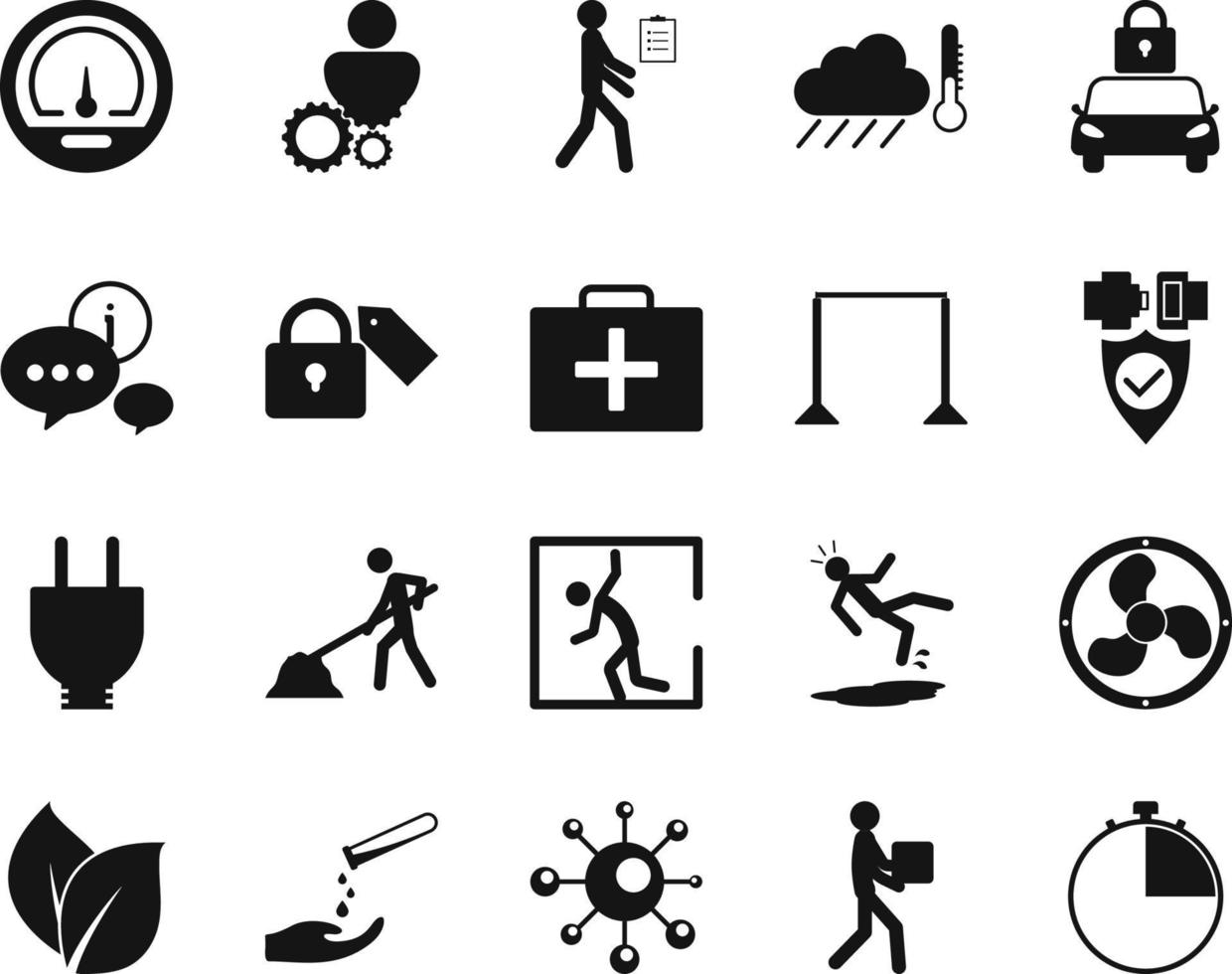 HSE concept, occupational safety and health timer, time, production factory and environment, labor preventive instructions, worker protection vector icon set on white background