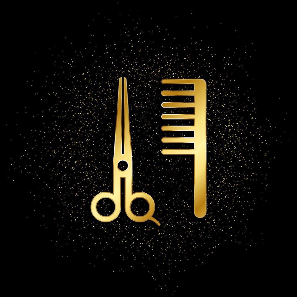 Scissors, comb, barber gold, icon. Vector illustration of golden particle on gold vector background