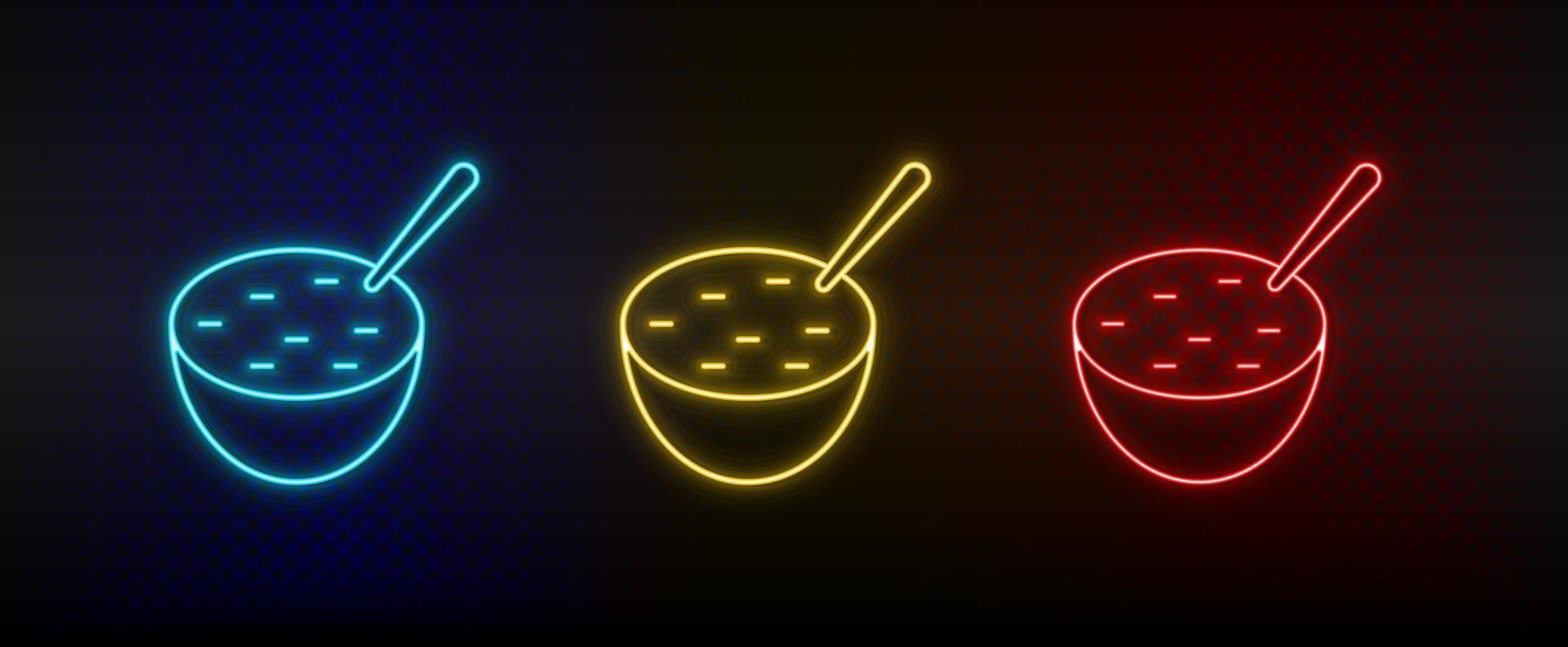 Neon icon set hot soup. Set of red, blue, yellow neon vector icon on dark background