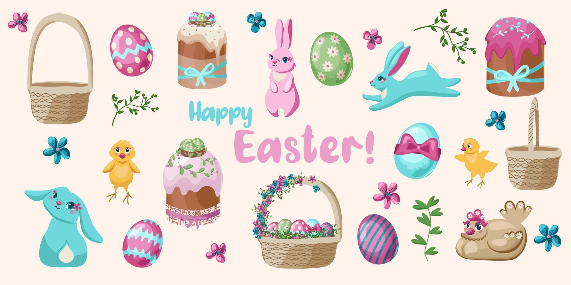 Set of cute Easter cartoon characters and design elements. Easter bunny, chickens, eggs and flowers. Vector illustration.