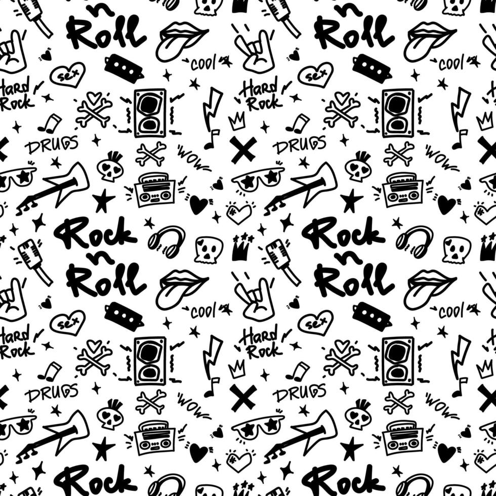 Rock n Roll seamless pattern. Black-white print for textiles, backgrounds, printing. Grunge style, hand lettered, vector illustration.