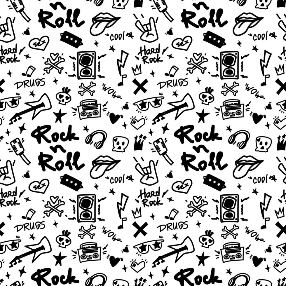 rock norte rodar sin costura modelo. blanco negro impresión para textiles, antecedentes, impresión. grunge estilo, mano letrado, vector ilustración.