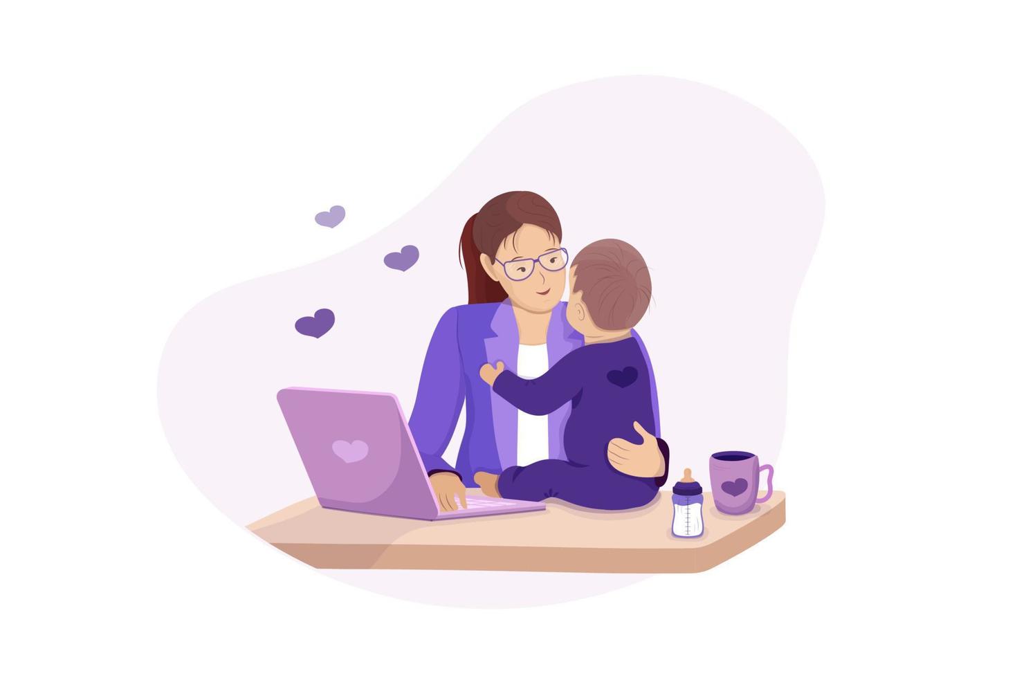 Woman mother freelancer working from home with child. Vector illustration. Work during motherhood.