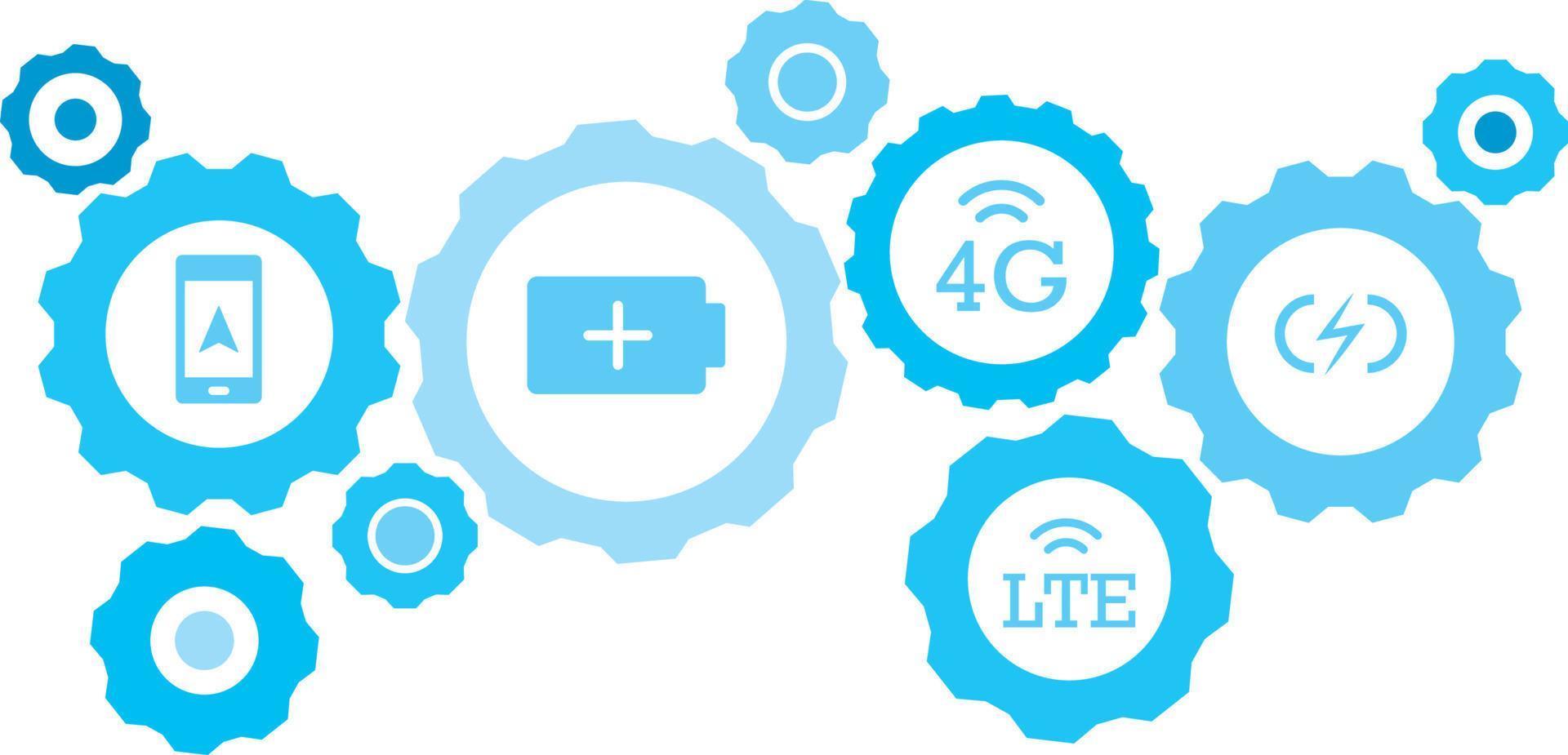 Connected gears and vector icons for logistic, service, shipping, distribution, transport, market, communicate concepts. charge, flash gear blue icon set on white background