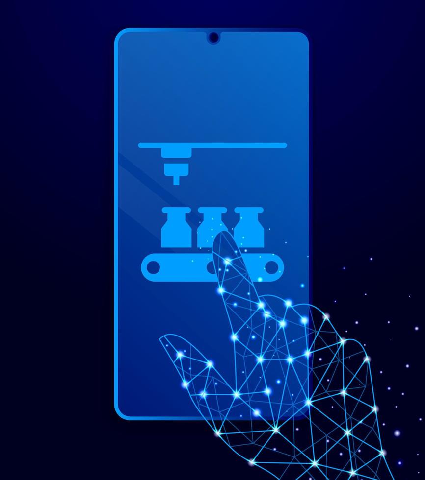 Mass production, conveyor touch phone. Polygon style touch phone vector illustration