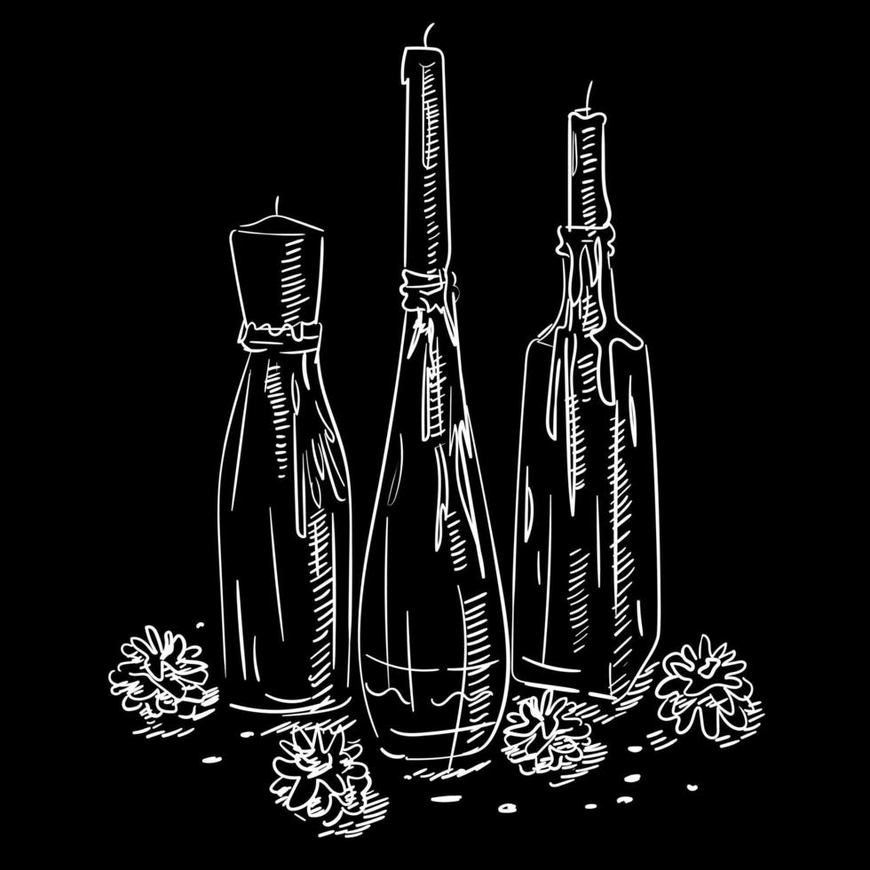 A hand-drawn sketch of the decor for serving dinner at a wedding ceremony. Decoration for the wedding ceremony. Beautiful bottles with candles and cones. Serving for a holiday. On a black background vector