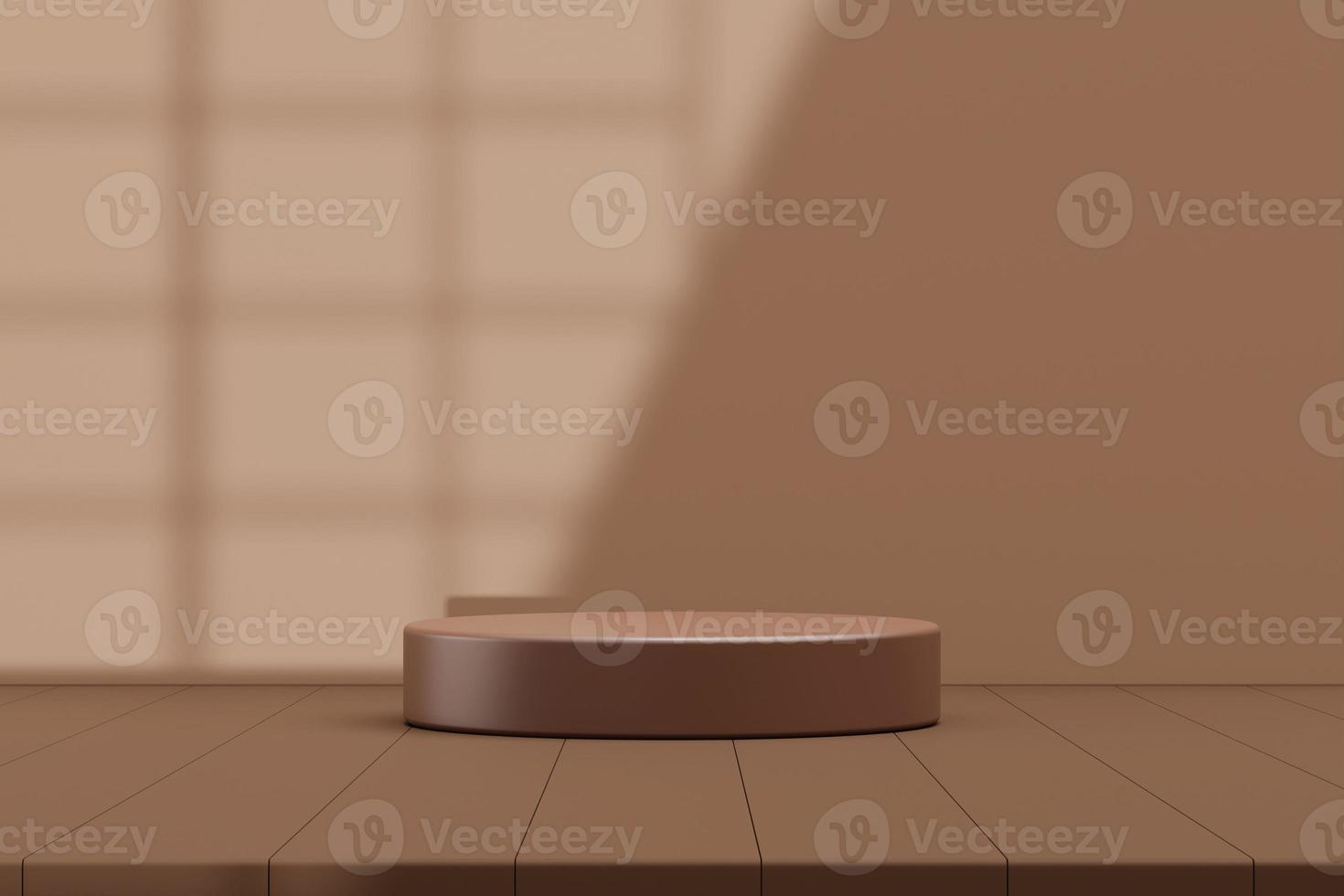Brown podium Placed on a luxury wooden floor, empty space for displaying products, with shadows from the window reflecting behind. mockup 3d background photo