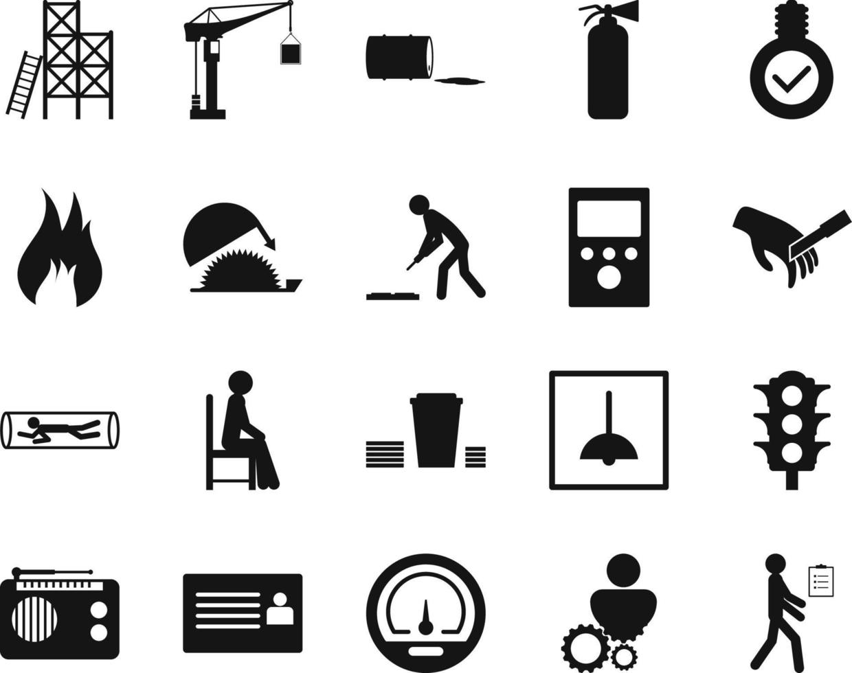 HSE concept, occupational safety and health inspection, human, production factory and environment, labor preventive instructions, worker protection vector icon set on white background