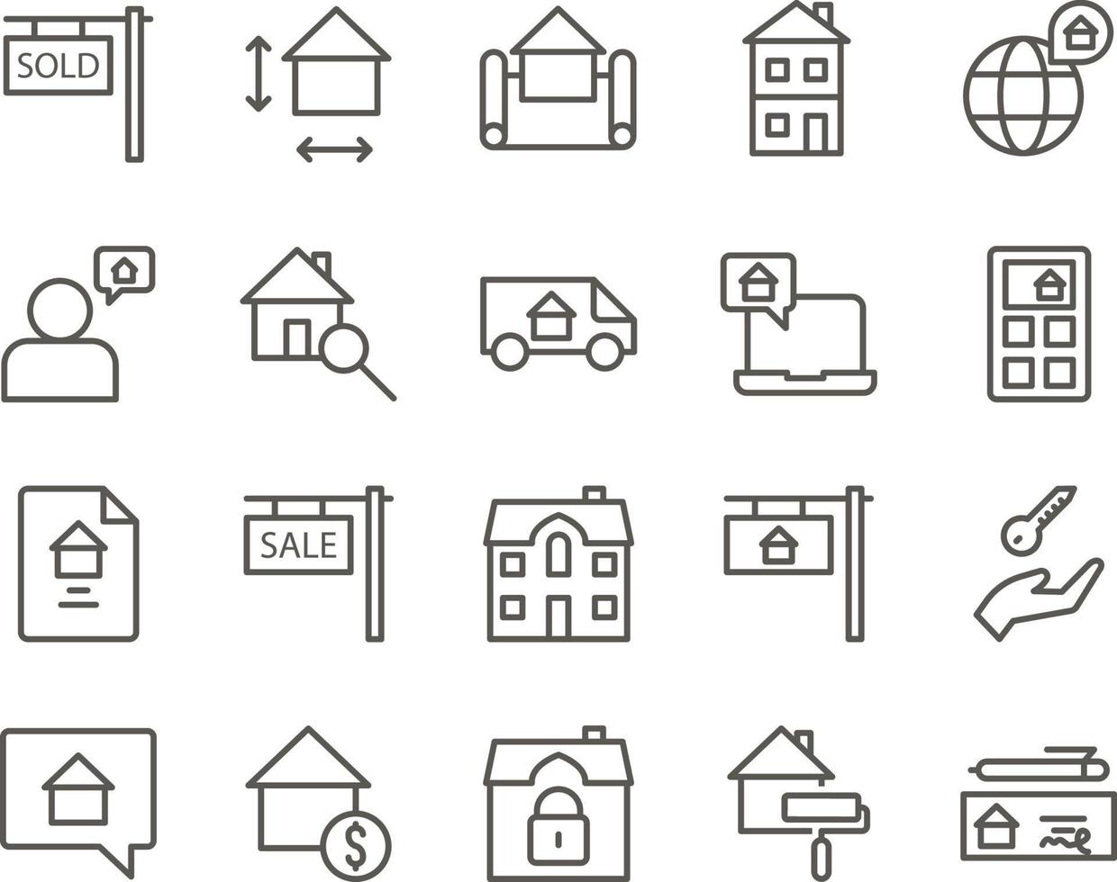 check, checkout, pen, house set vector icons. Real estate icon set. Simple Set of Real Estate Related Vector Line Icons. Contains such Icons as Map, Plan, Bedrooms on white background