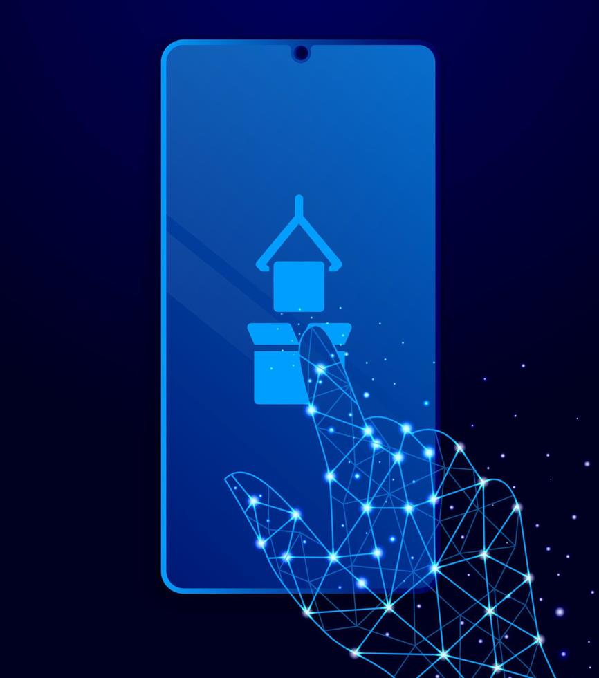 Mass production, package, placement touch phone. Polygon style touch phone vector illustration