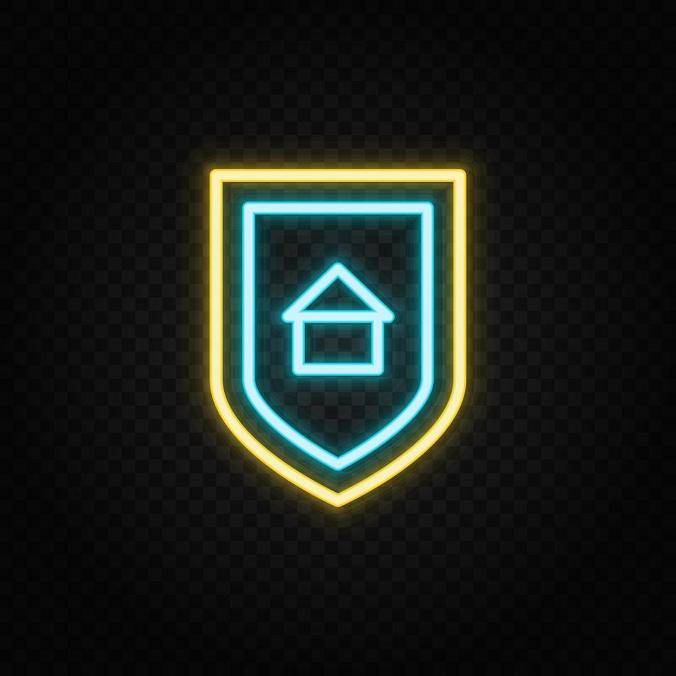 Real estate vector house, security, shield. Illustration neon blue, yellow, red icon set