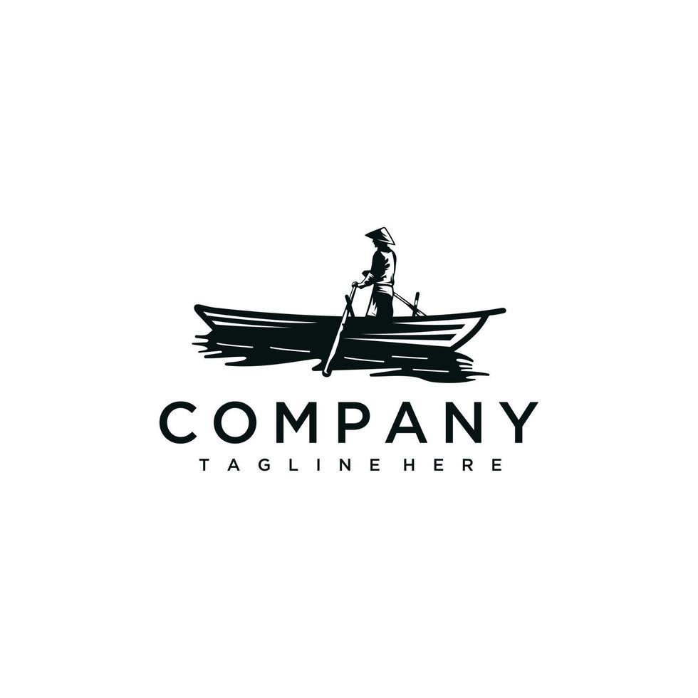 Wooden Boat. Man and Fishing. Row Boat logo design. Vector Illustration