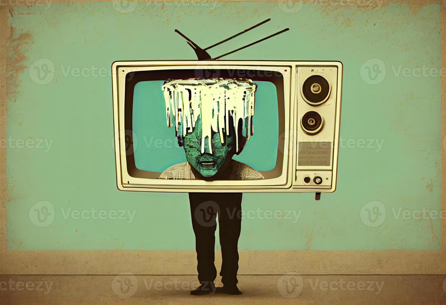 a person with his head inside a television in vintage pop style photo