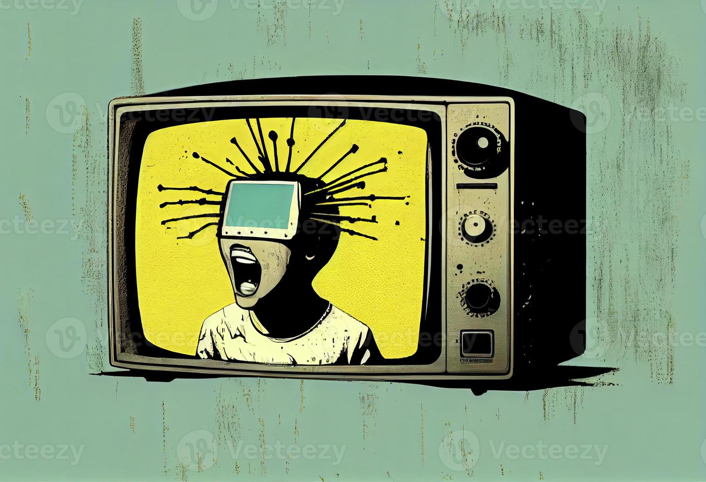 un persona con su cabeza dentro un televisión en Clásico popular estilo foto
