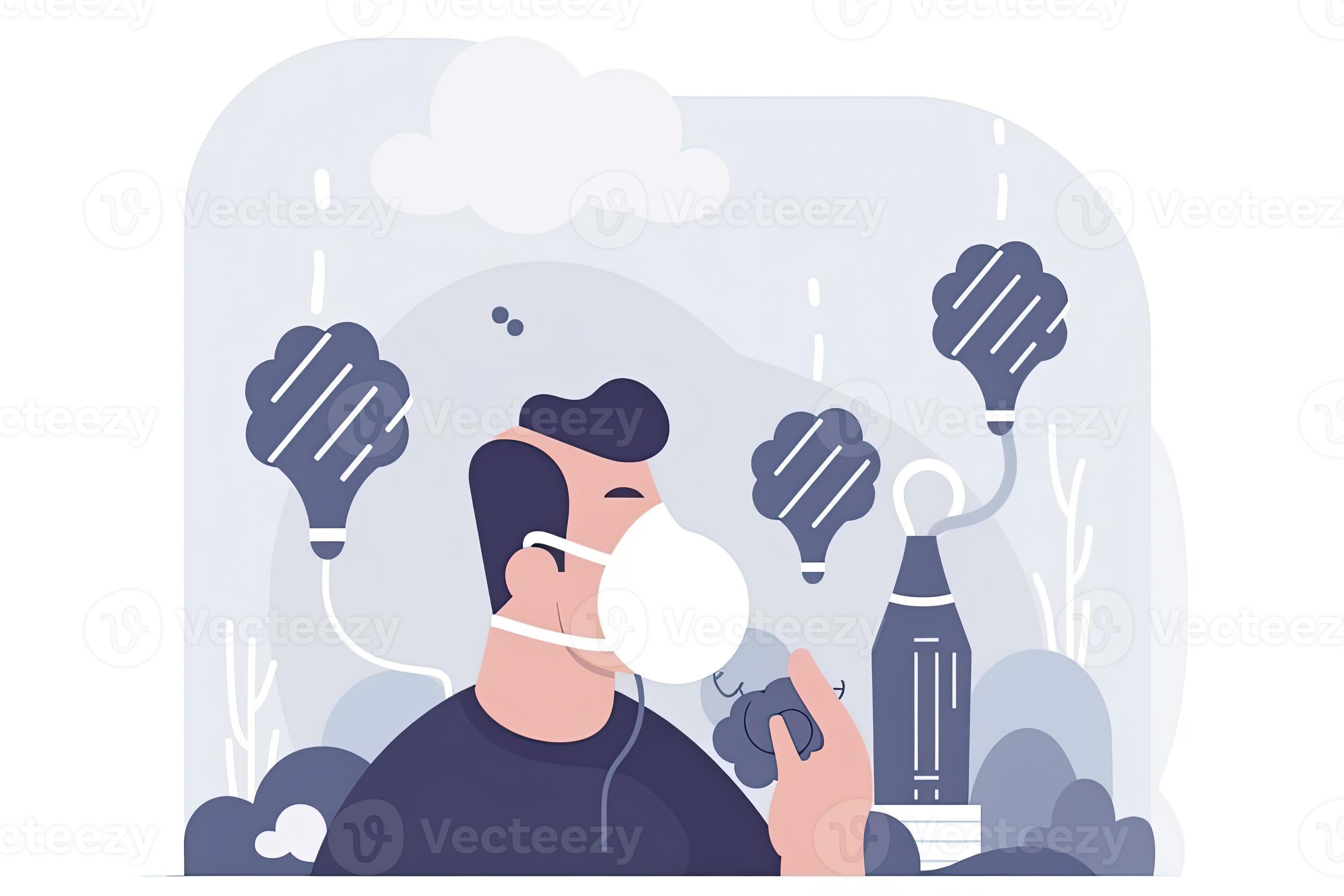 CO2 emissions. Man breathing through filter mask to reduce health