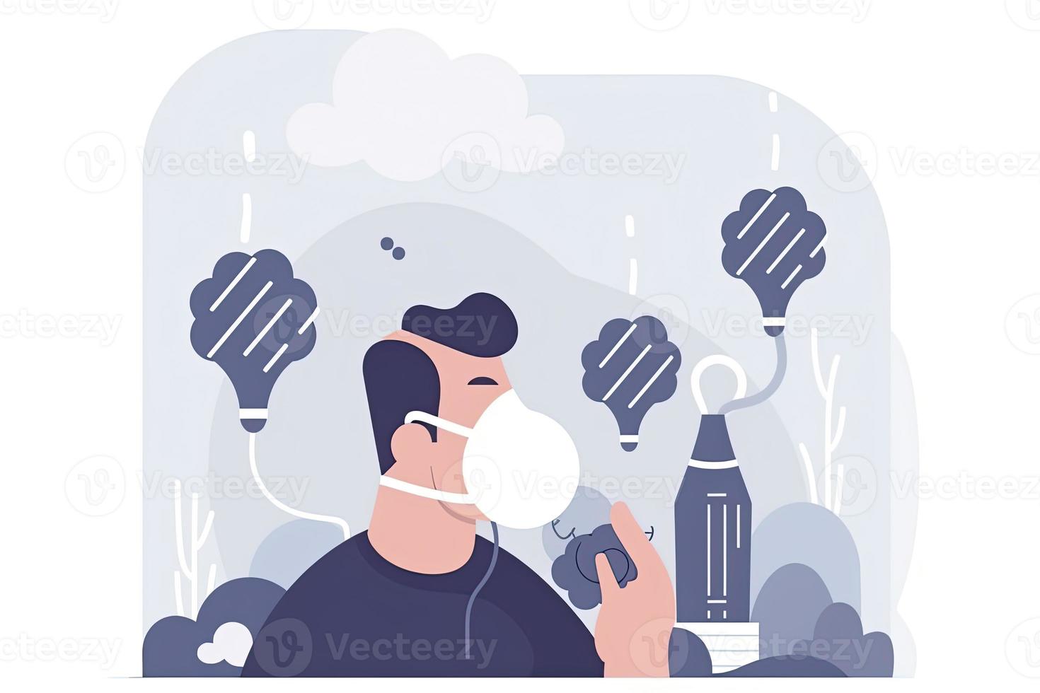 CO2 emissions. Man breathing through filter mask to reduce health effects of toxic chemical fumes from factory photo