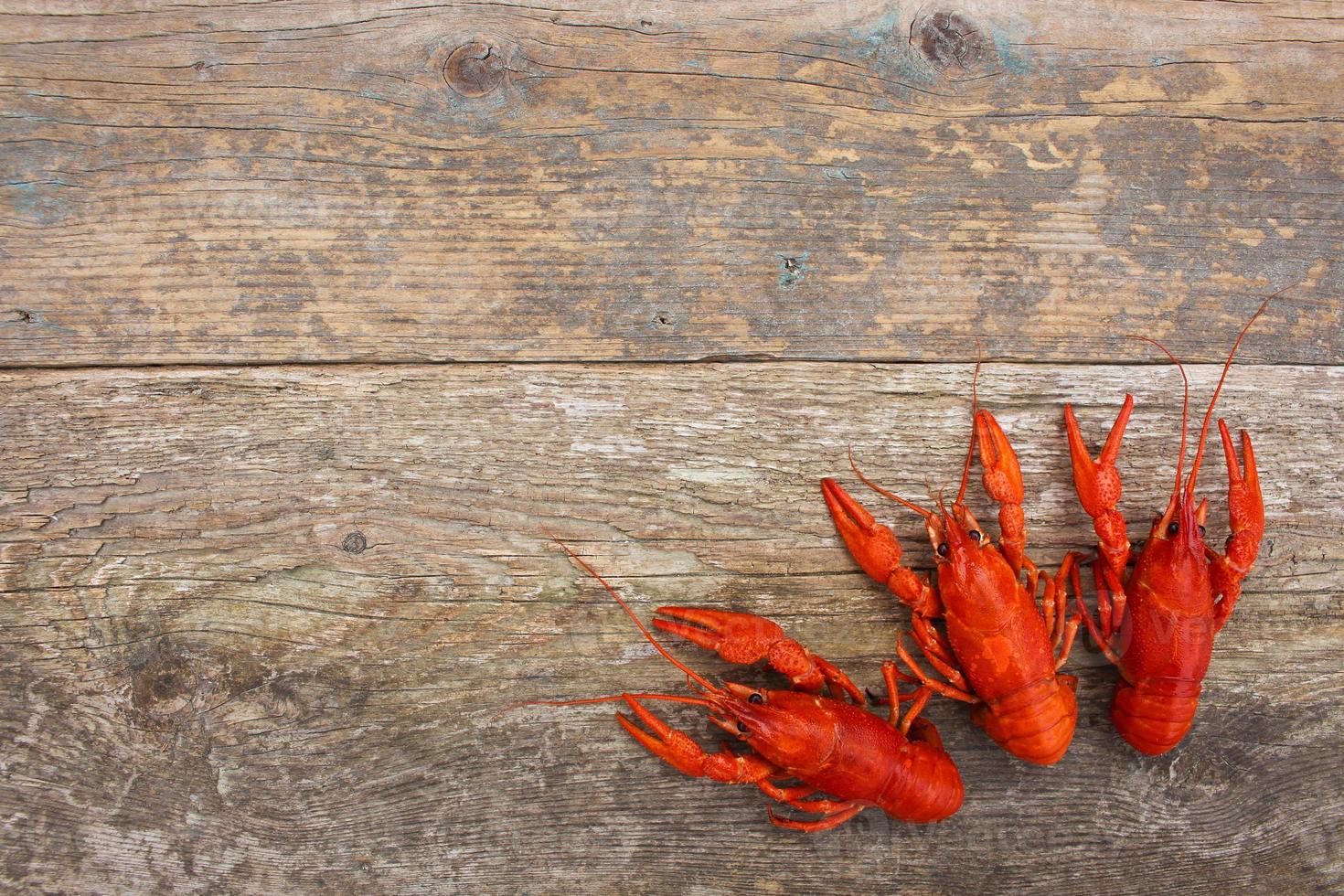 Crawfish on the old wooden background. Top view. photo