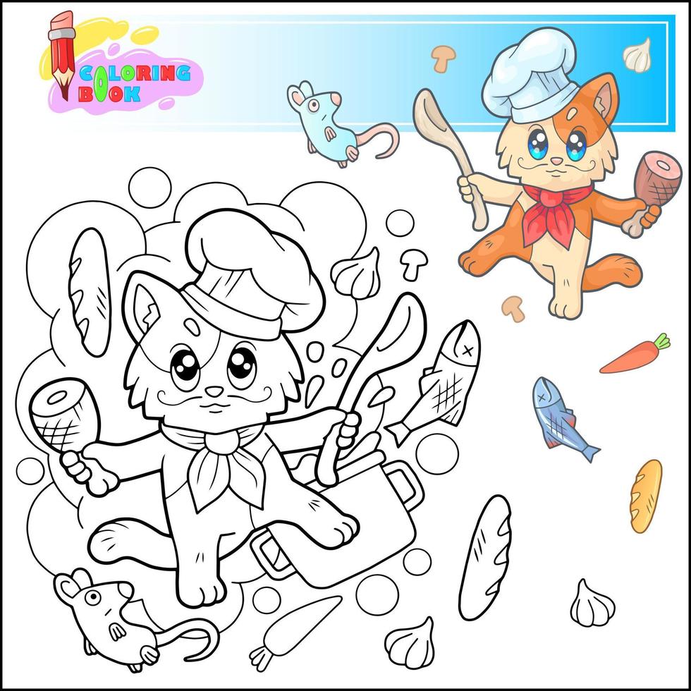 dibujos animados linda gato cocinero colorante página vector