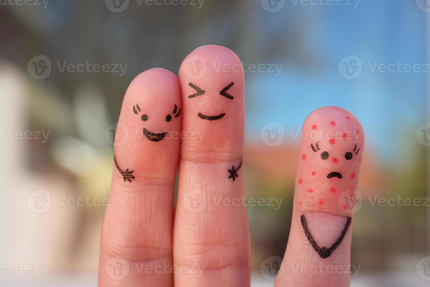 Fingers art of people. Concept of loneliness, allocation from crowd. Girl with problem skin. photo