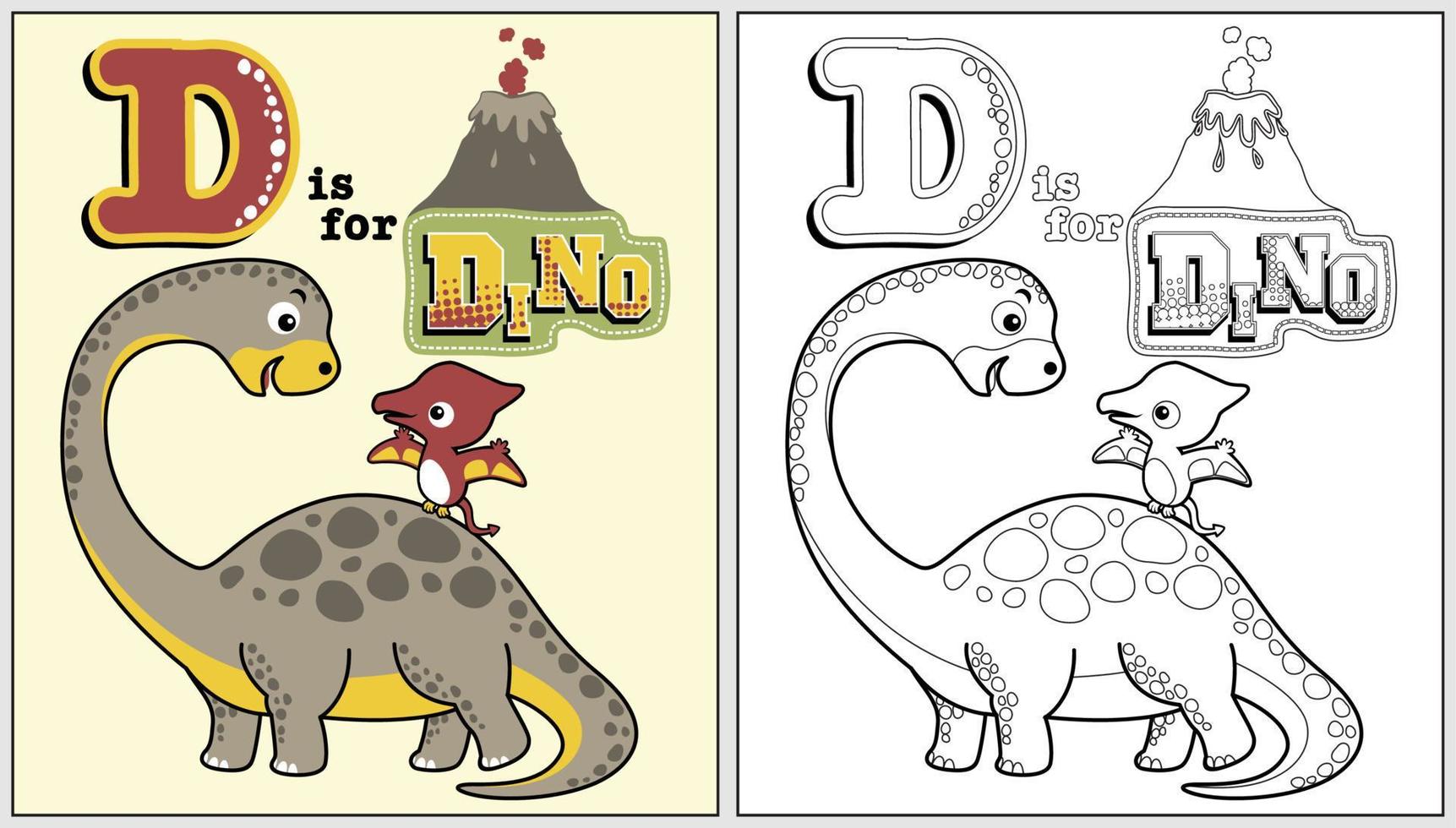 gracioso dinosaurios con volcán erupción, vector dibujos animados, colorante libro o página