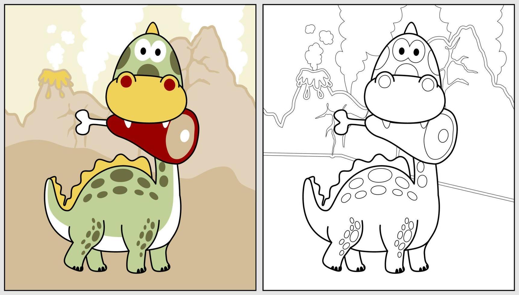 gracioso dinosaurio con carne en sus boca en volcanes fondo, vector dibujos animados ilustración, colorante libro o página