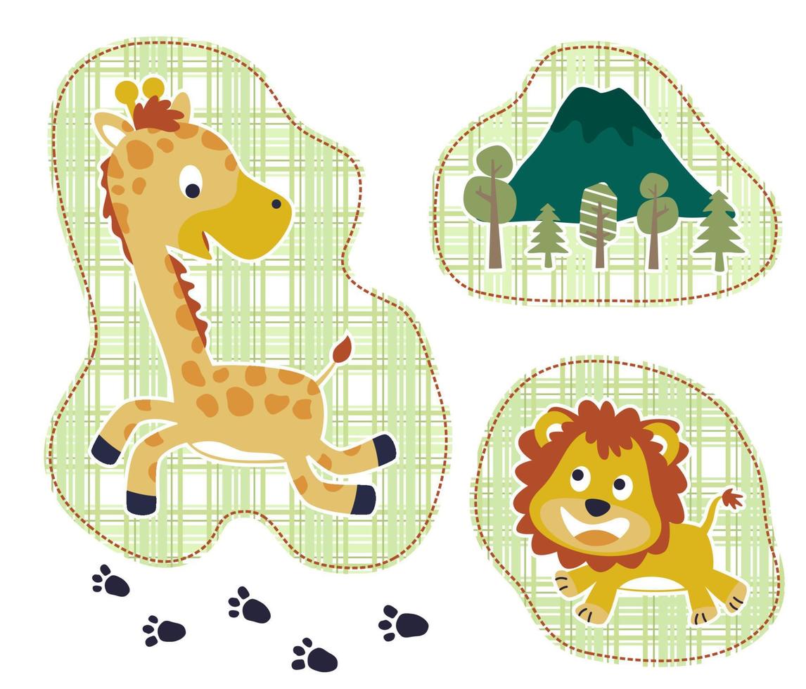 vector cartoon of funny giraffe with lion, mountain and trees