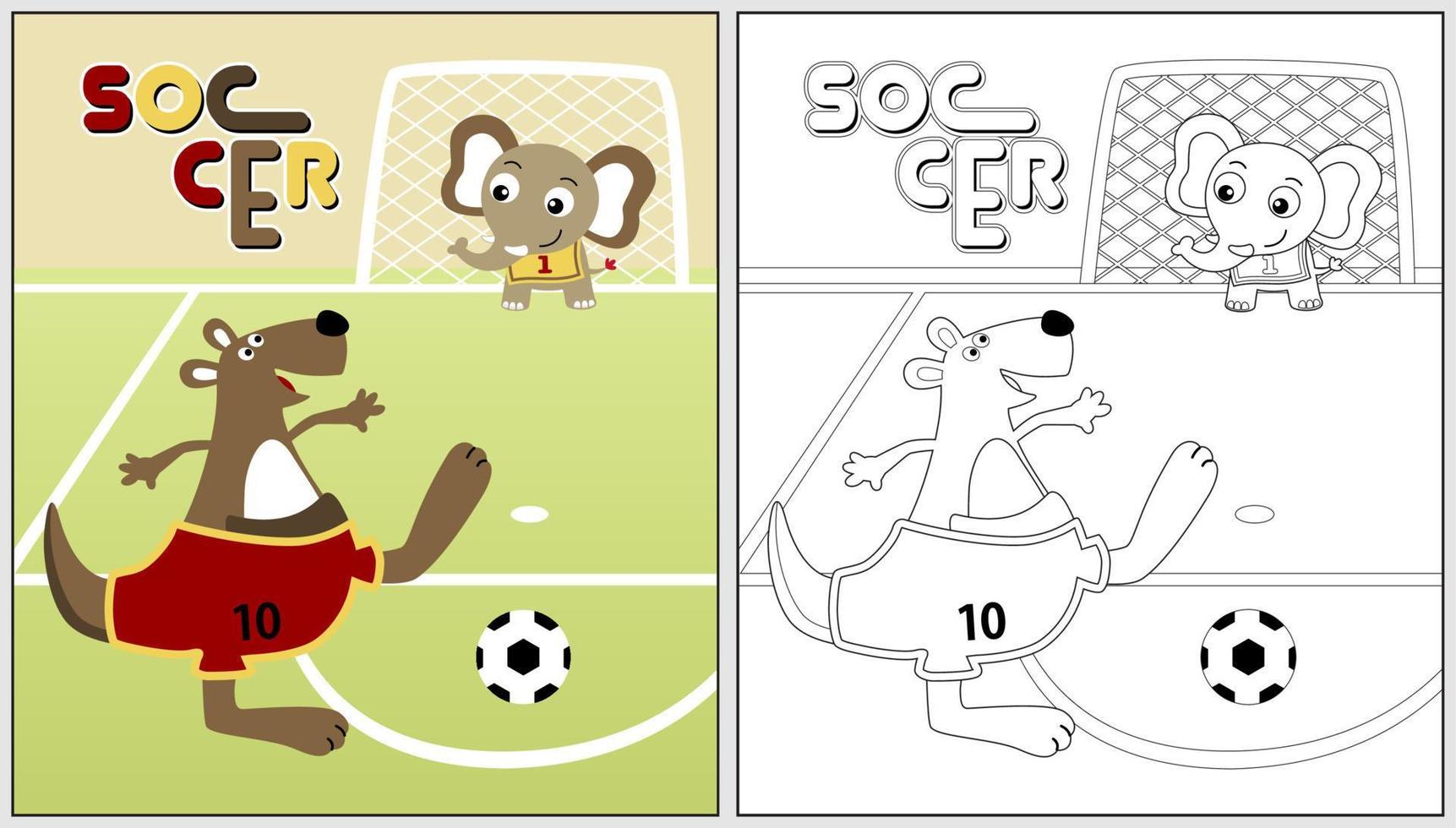 Funny kangaroo with elephant playing soccer, vector cartoon illustration, coloring book or page