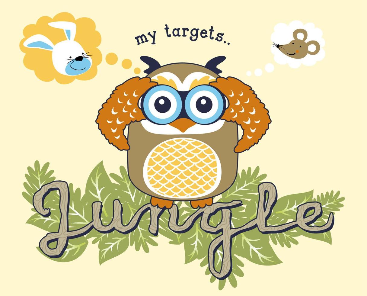 Funny owl holding binocular hunting bunny and mouse, vector cartoon illustration
