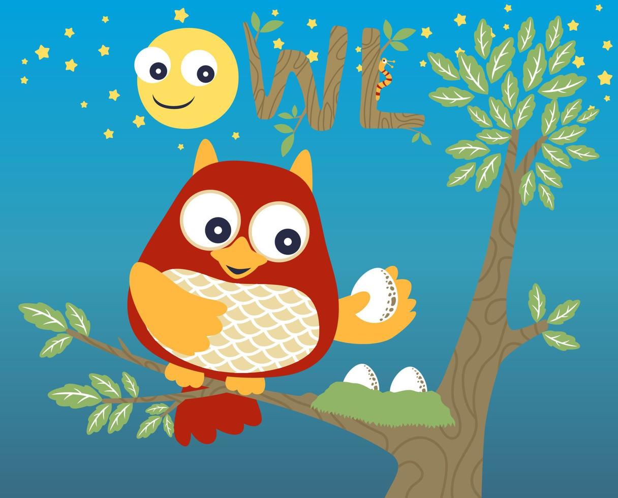 Cute owl holding it eggs on tree at night with smiling full moon, vector cartoon illustration
