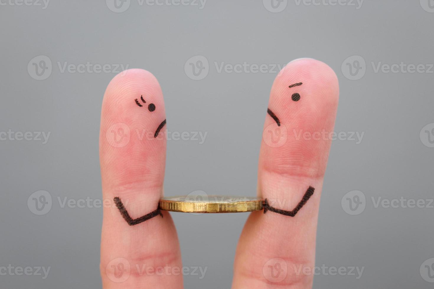 Fingers art of family during quarrel. Concept of man and woman cannot divide money after divorce. photo
