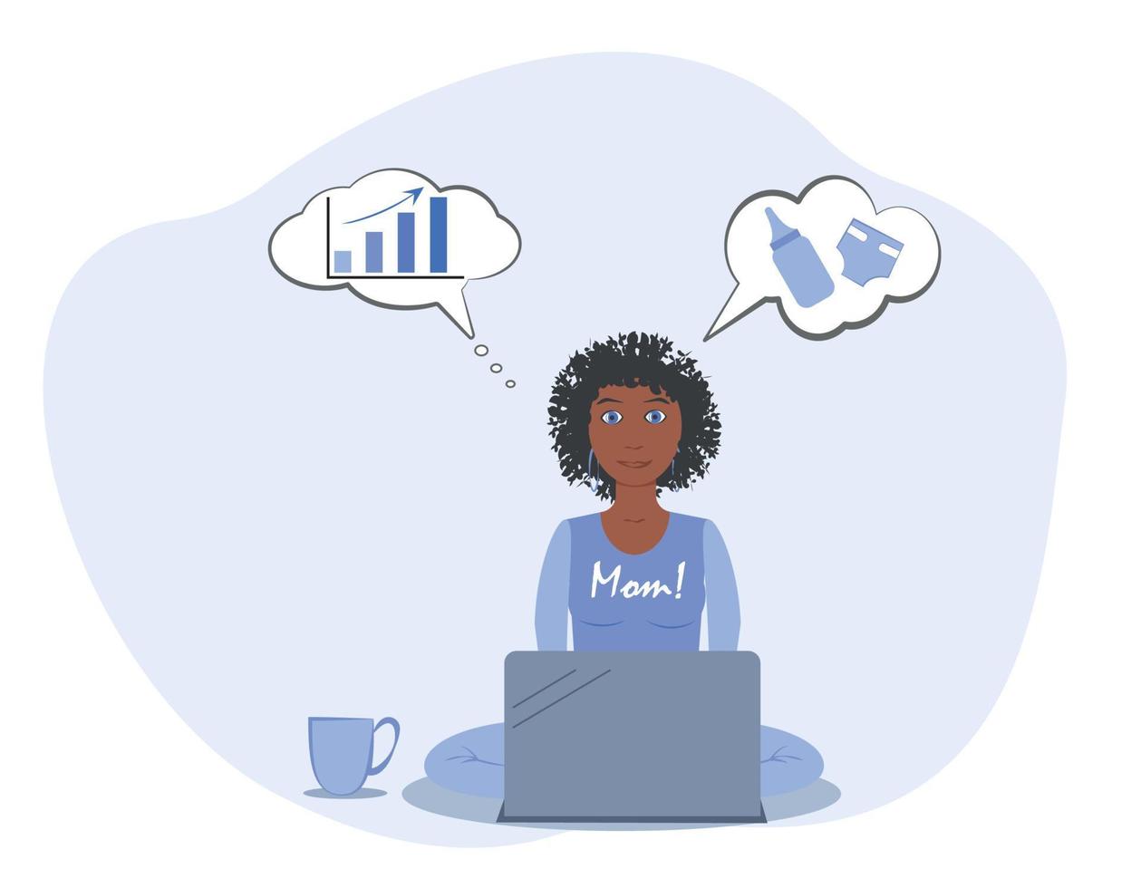 Woman, african american working mom. Priorities of women in motherhood and career. Freelancer woman working at home with a child. Mothers Day. Work during motherhood vector