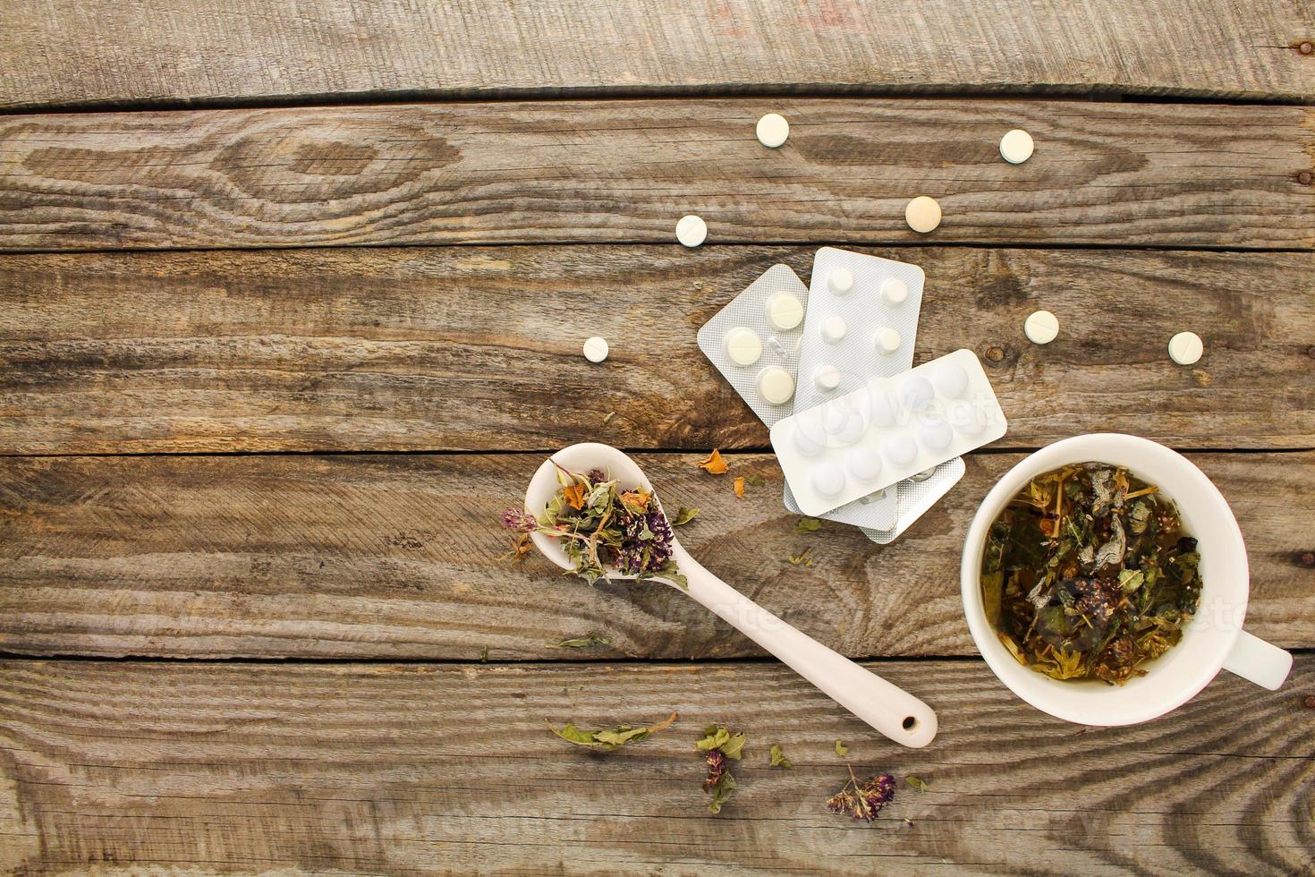 Tea with herbs, medicine. Top view. photo