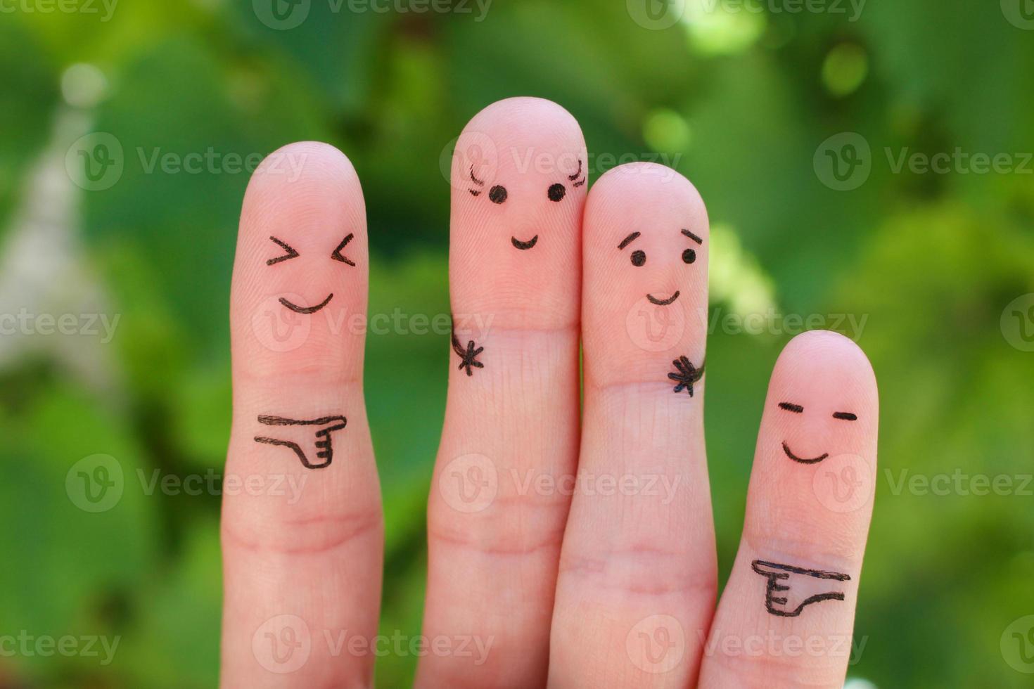 Fingers art of people. Concept woman taller than man, around laugh at them. photo