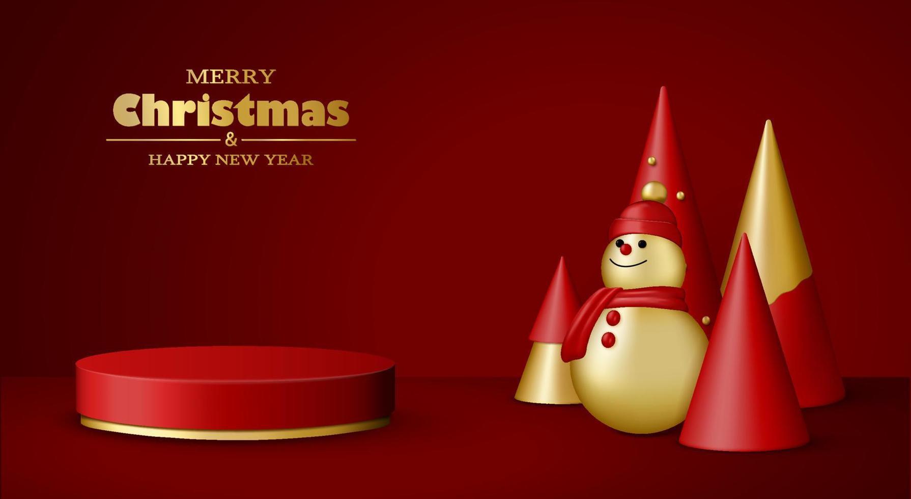 Christmas 3d scene with red and gold podium platform, snowman and Christmas trees. vector