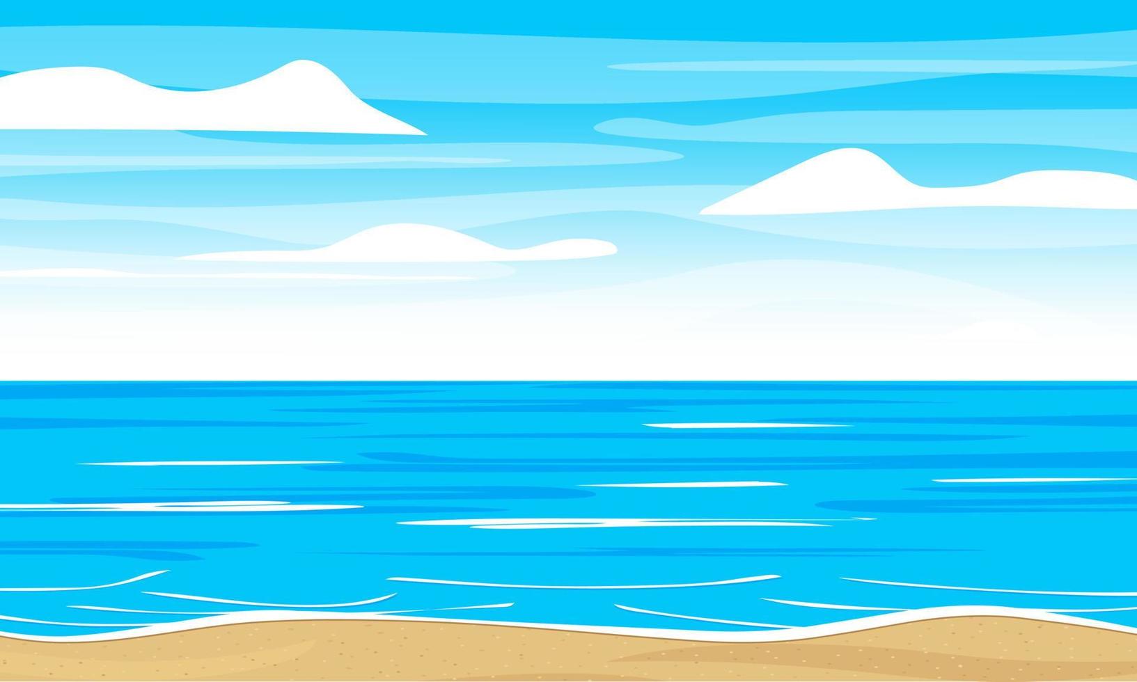 A beach scene with a blue sky and clouds. Ocean or sea landscape. Vector illustration.