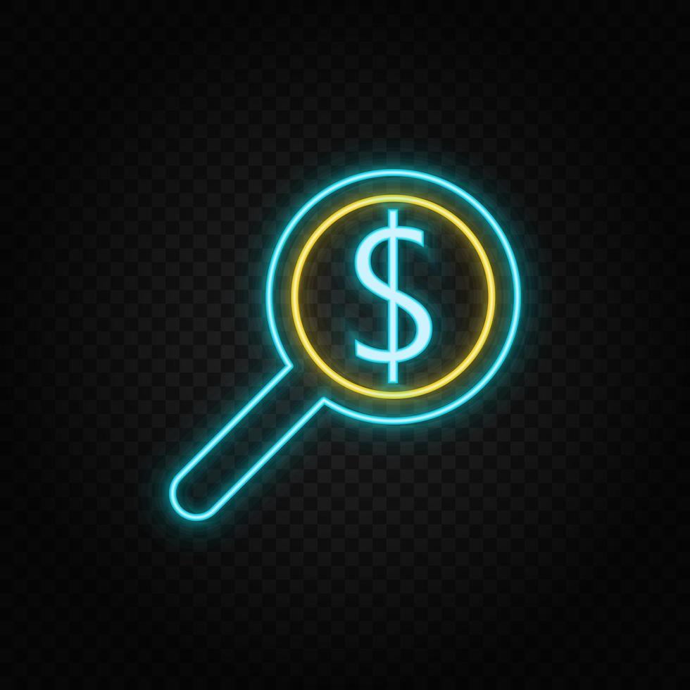 search, dollar neon vector icon. Blue and yellow neon vector icon. Vector dark background