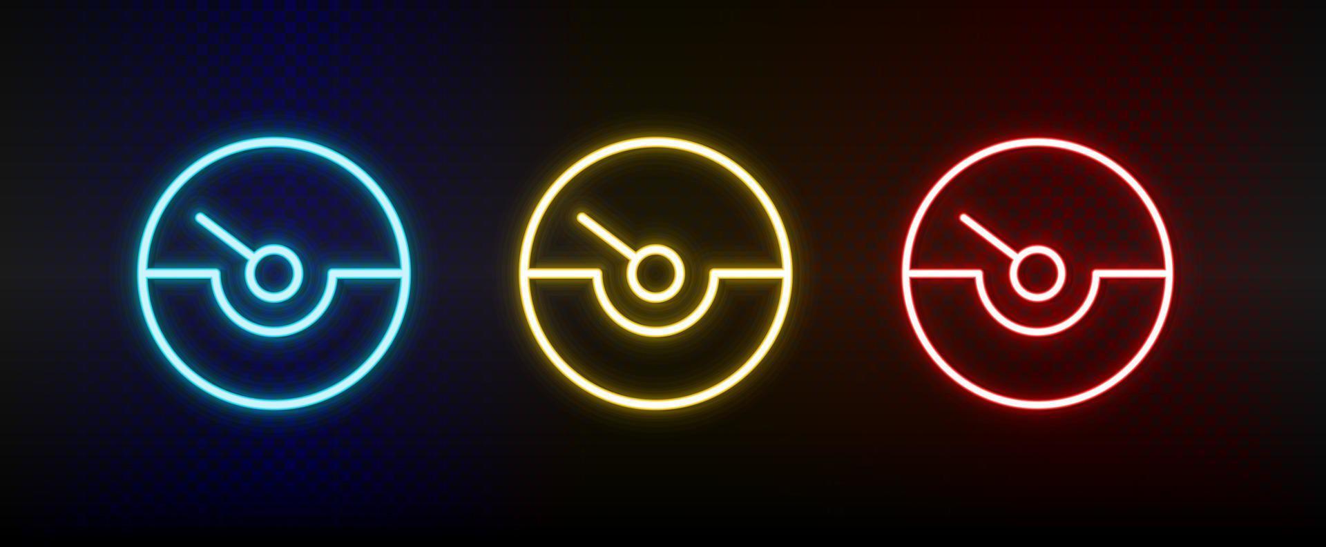 gauge, speed, speedometer neon icon set. Set of red, blue, yellow neon vector icon on dark dark background