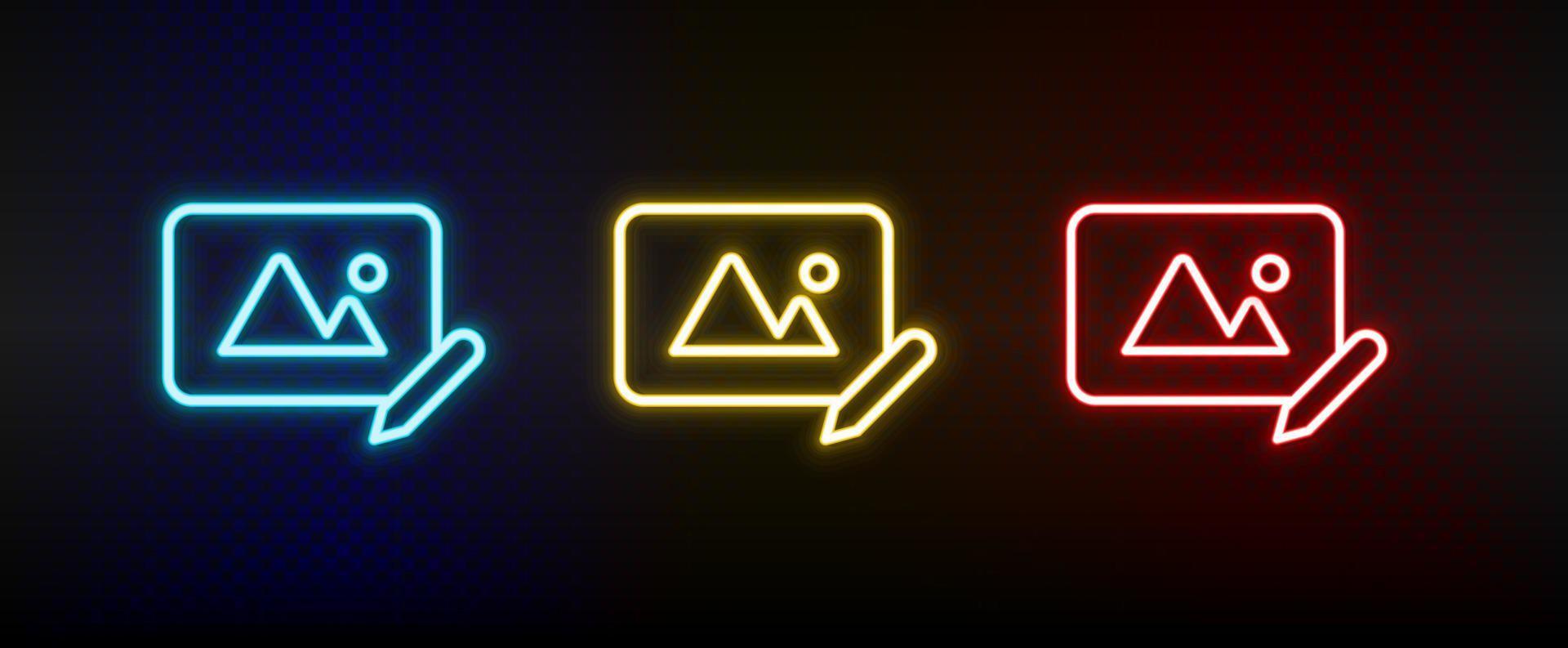 edit, photo neon icon set. Set of red, blue, yellow neon vector icon on dark dark background