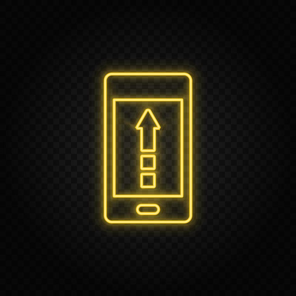 Yellow neon icon phone, arrow up, upload. Dark background vector